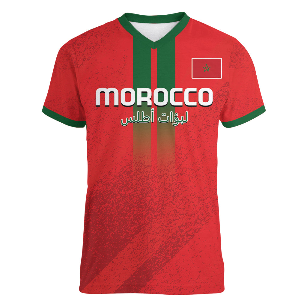 Custom Morocco Football Women V Neck T Shirt Go Lionesses of Atlas