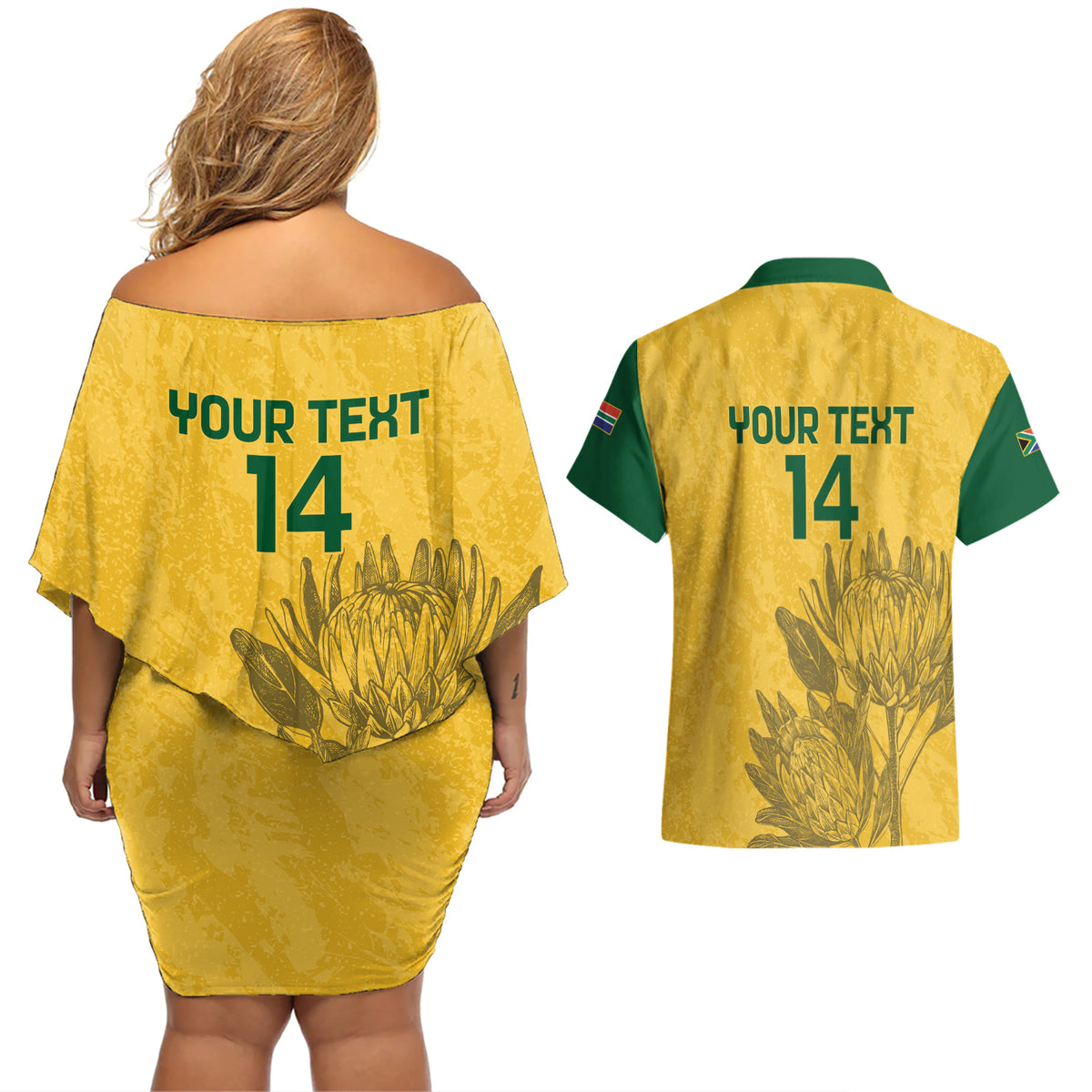 Custom South Africa Soccer Couples Matching Off Shoulder Short Dress and Hawaiian Shirt Go Banyana Banyana Proteas - Wonder Print Shop