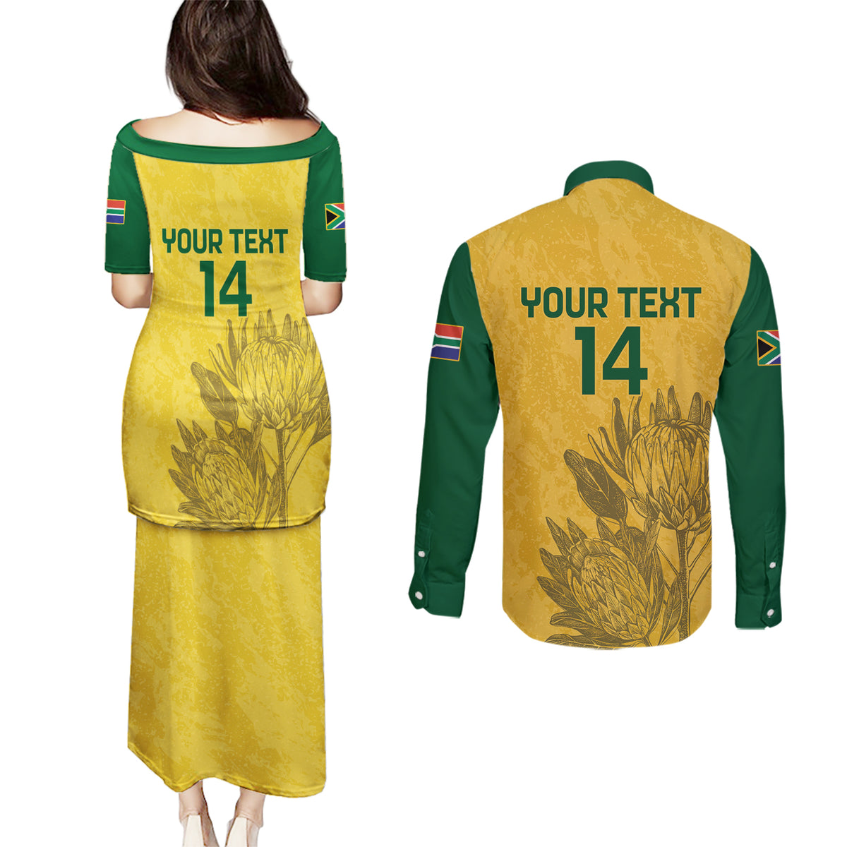 Custom South Africa Soccer Couples Matching Puletasi and Long Sleeve Button Shirt Go Banyana Banyana Proteas - Wonder Print Shop
