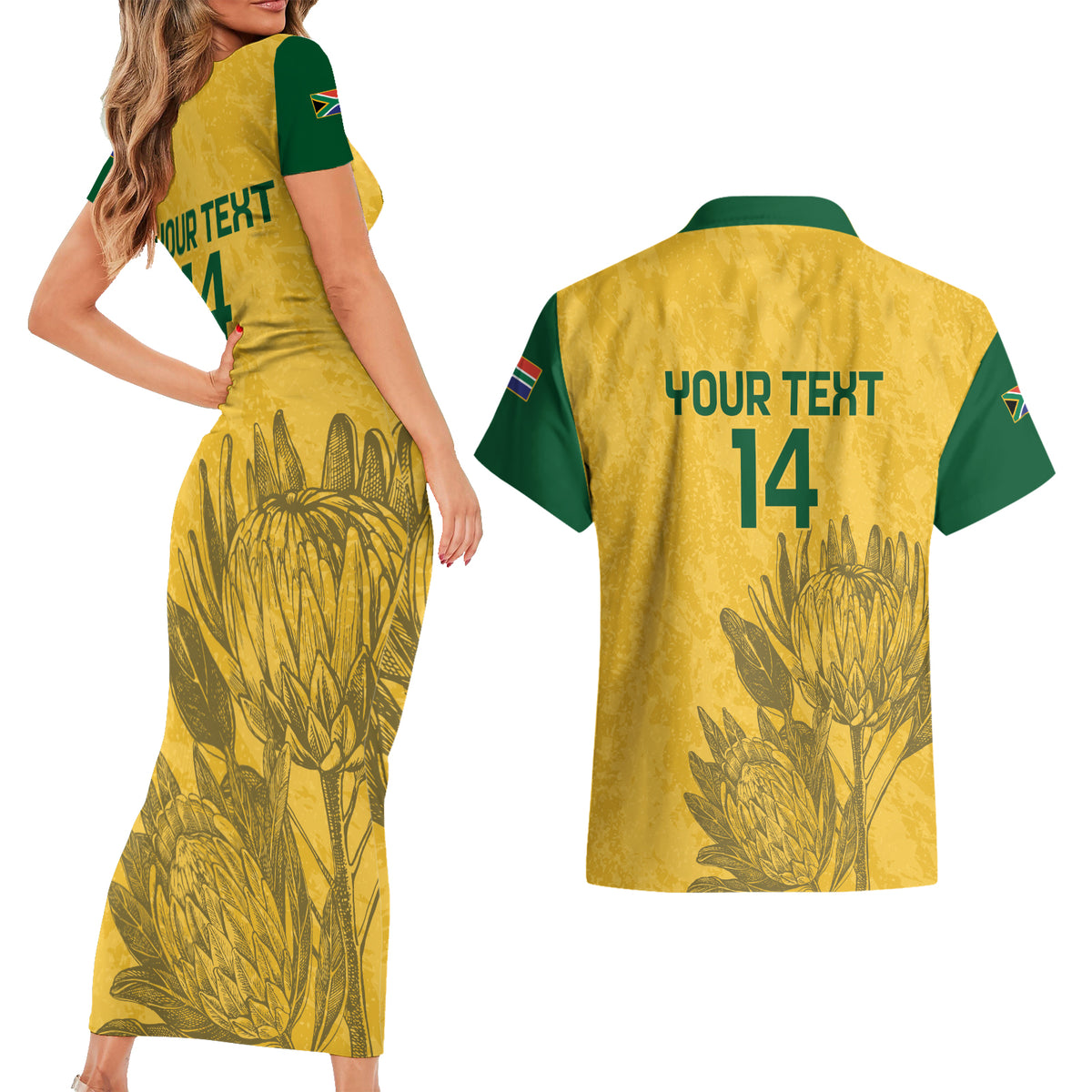 Custom South Africa Soccer Couples Matching Short Sleeve Bodycon Dress and Hawaiian Shirt Go Banyana Banyana Proteas - Wonder Print Shop