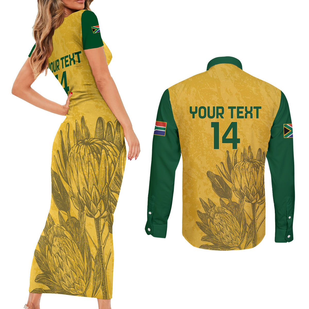 Custom South Africa Soccer Couples Matching Short Sleeve Bodycon Dress and Long Sleeve Button Shirt Go Banyana Banyana Proteas - Wonder Print Shop