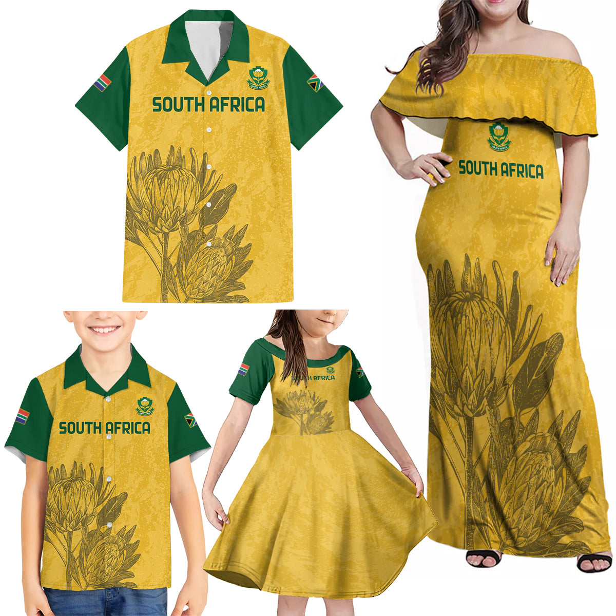 Custom South Africa Soccer Family Matching Off Shoulder Maxi Dress and Hawaiian Shirt Go Banyana Banyana Proteas - Wonder Print Shop