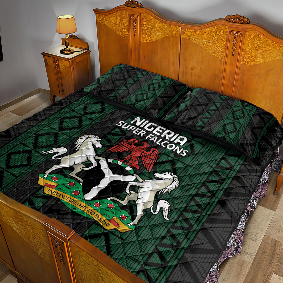 Nigeria Football Quilt Bed Set Go Super Falcons African Pattern - Wonder Print Shop