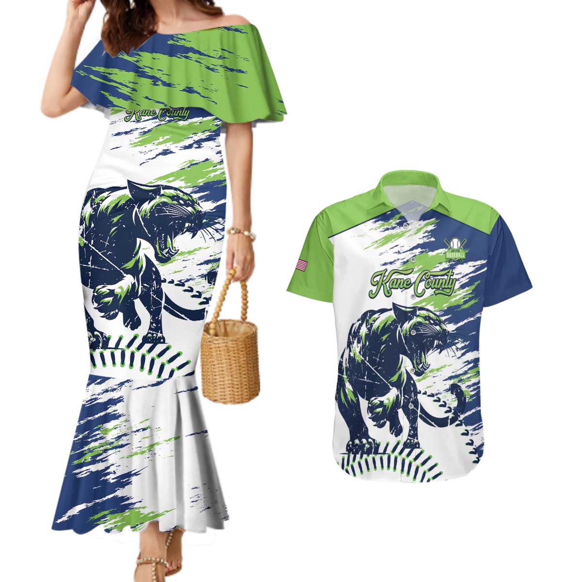 Kane County 2025 Baseball Custom Couples Matching Mermaid Dress and Hawaiian Shirt Come On Cougar