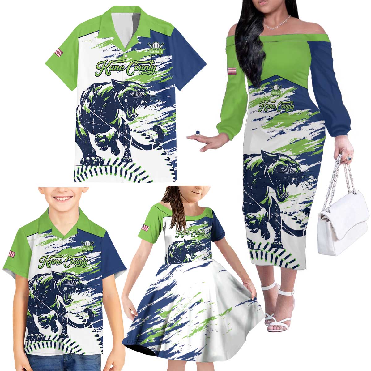 Kane County 2025 Baseball Custom Family Matching Off The Shoulder Long Sleeve Dress and Hawaiian Shirt Come On Cougar