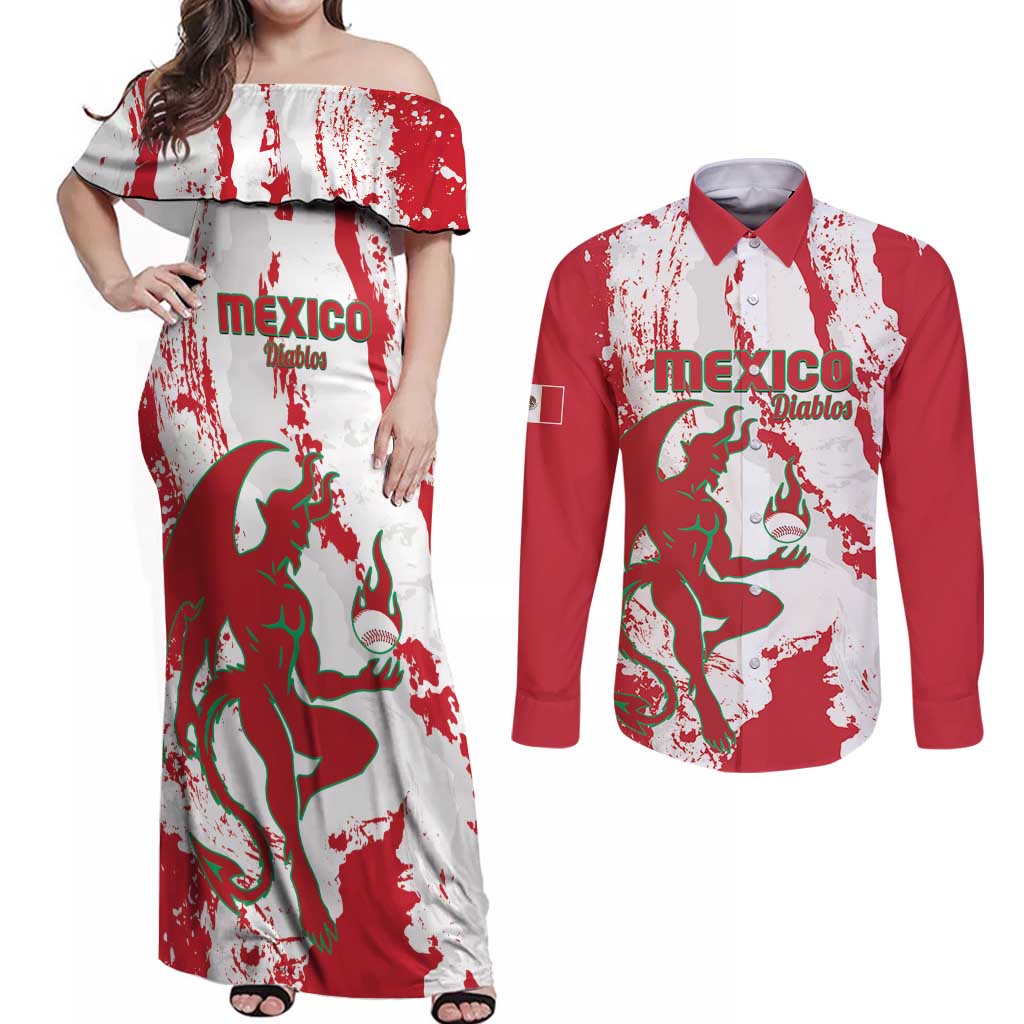 Diablos Rojos 2025 Baseball Custom Couples Matching Off Shoulder Maxi Dress and Long Sleeve Button Shirt Come On Mexico
