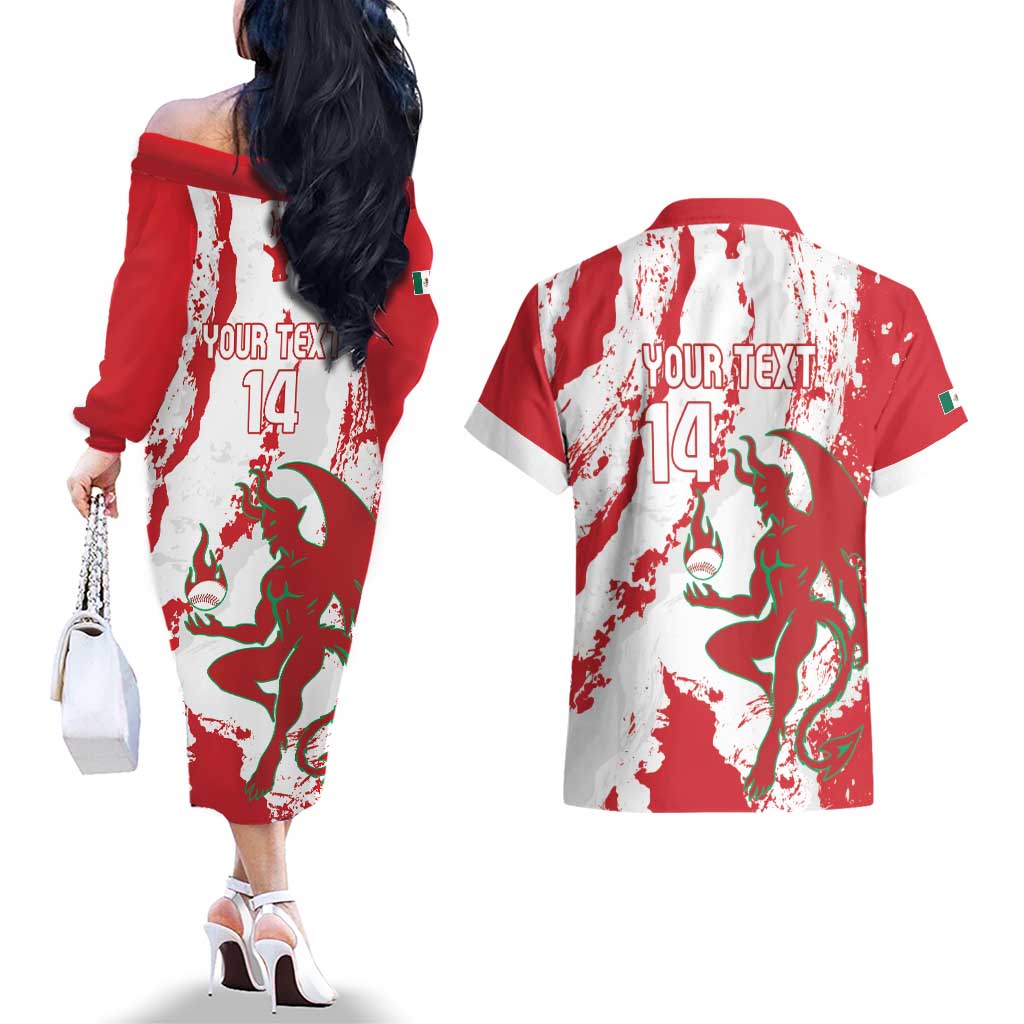 Diablos Rojos 2025 Baseball Custom Couples Matching Off The Shoulder Long Sleeve Dress and Hawaiian Shirt Come On Mexico
