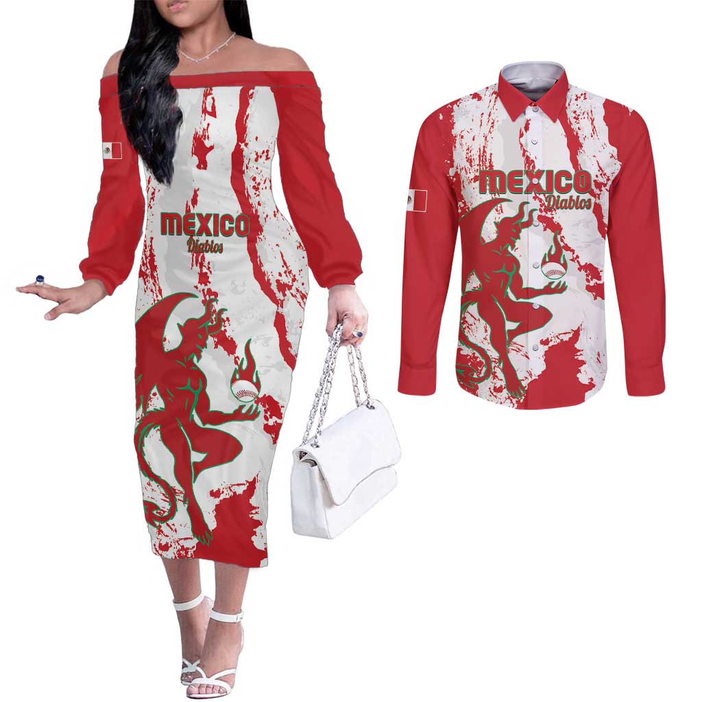 Diablos Rojos 2025 Baseball Custom Couples Matching Off The Shoulder Long Sleeve Dress and Long Sleeve Button Shirt Come On Mexico