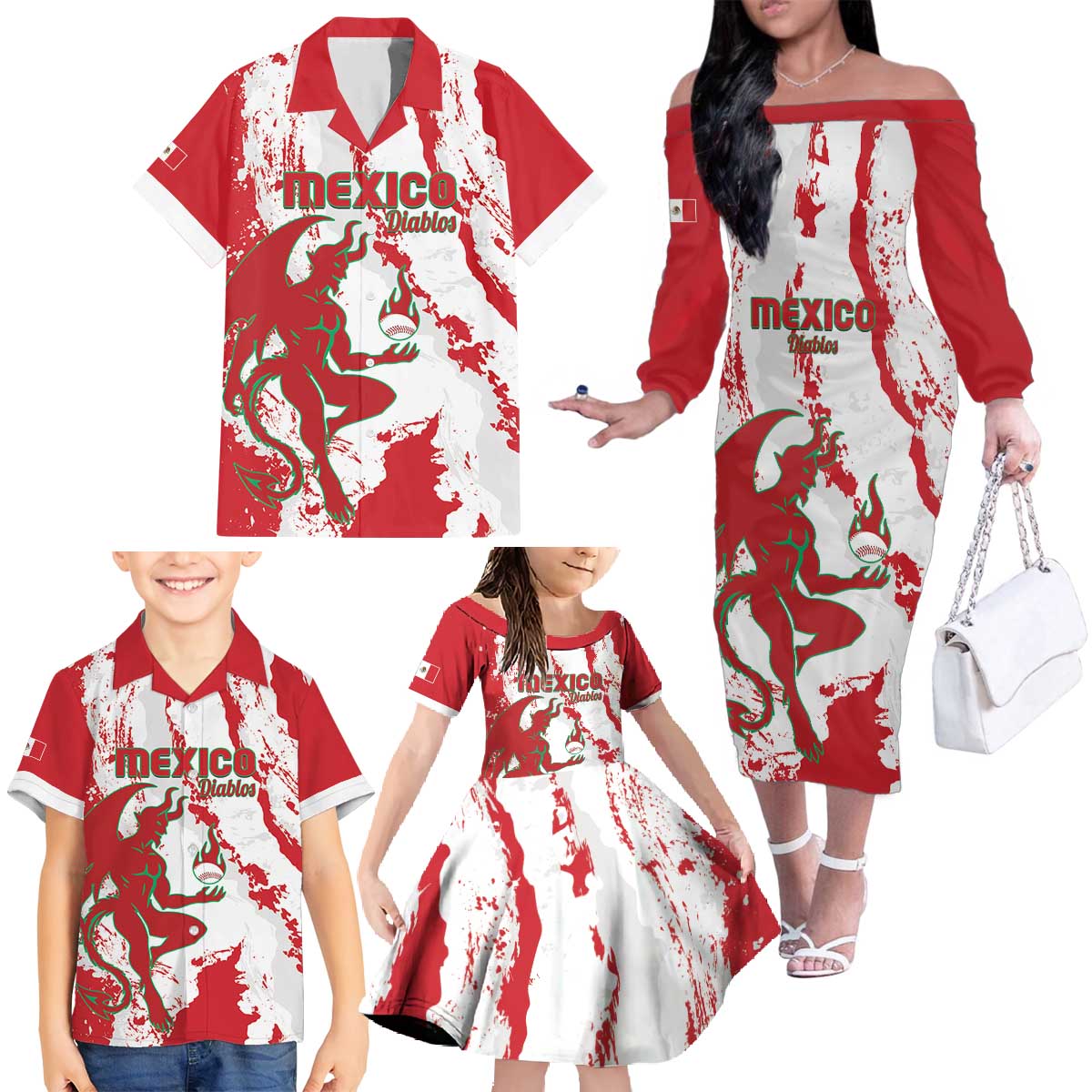 Diablos Rojos 2025 Baseball Custom Family Matching Off The Shoulder Long Sleeve Dress and Hawaiian Shirt Come On Mexico