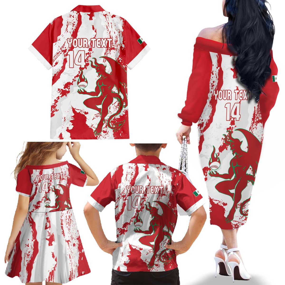 Diablos Rojos 2025 Baseball Custom Family Matching Off The Shoulder Long Sleeve Dress and Hawaiian Shirt Come On Mexico