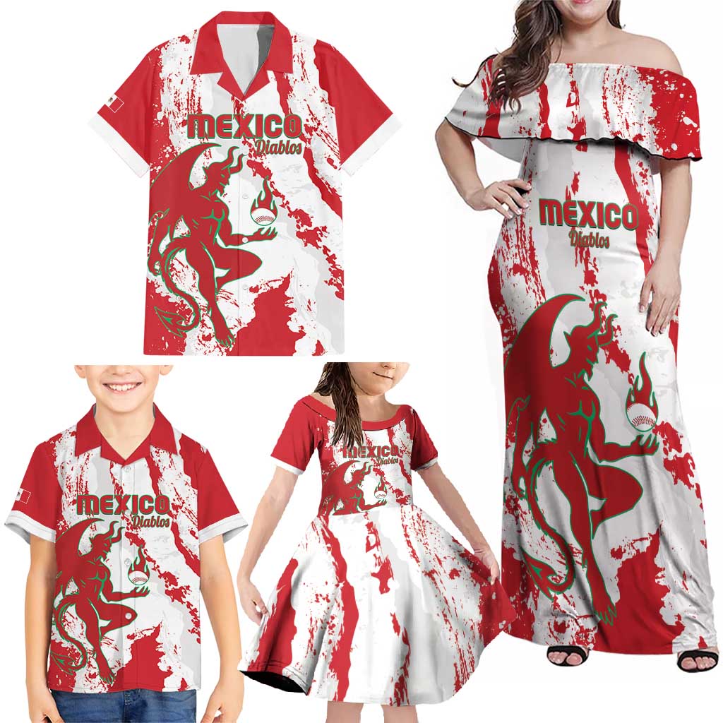 Diablos Rojos 2025 Baseball Custom Family Matching Off Shoulder Maxi Dress and Hawaiian Shirt Come On Mexico