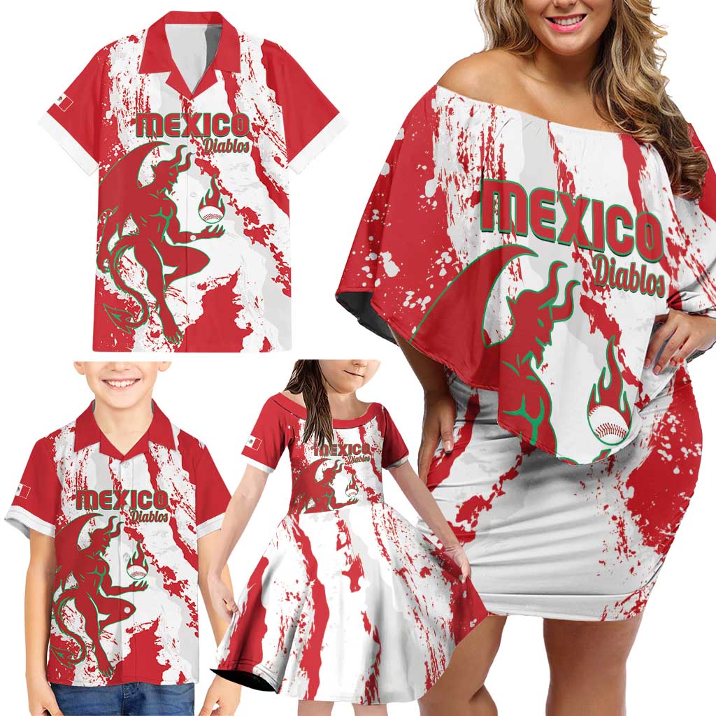 Diablos Rojos 2025 Baseball Custom Family Matching Off Shoulder Short Dress and Hawaiian Shirt Come On Mexico
