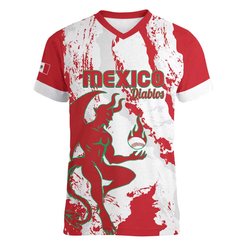 Diablos Rojos 2025 Baseball Custom Women V-Neck T-Shirt Come On Mexico
