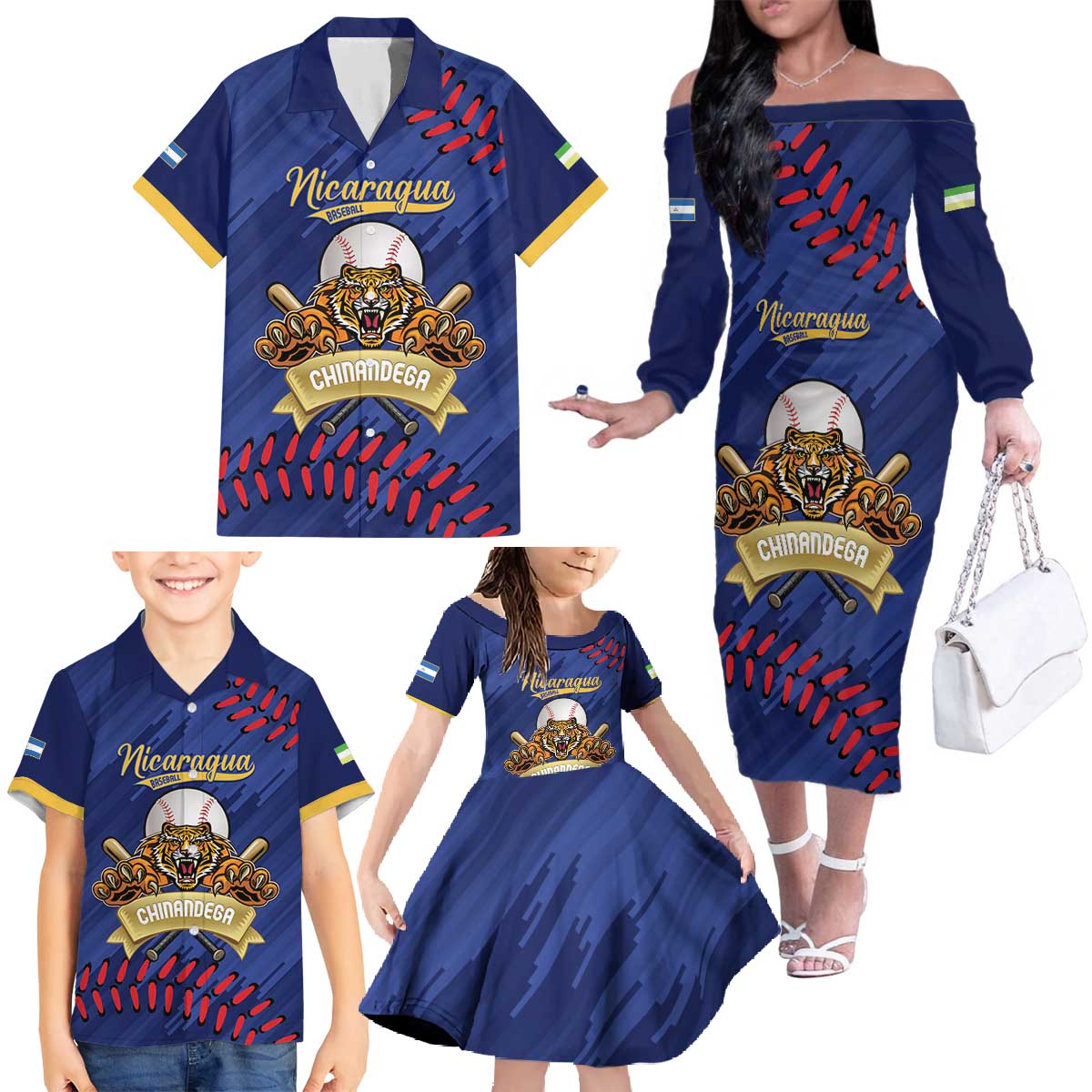 Chinandega 2025 Baseball Custom Family Matching Off The Shoulder Long Sleeve Dress and Hawaiian Shirt Come On Tigres