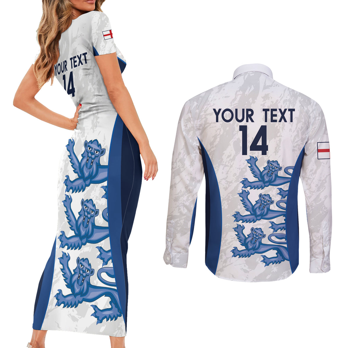 Custom England Football Couples Matching Short Sleeve Bodycon Dress and Long Sleeve Button Shirt 2024 Go Champions Three Lions - Wonder Print Shop