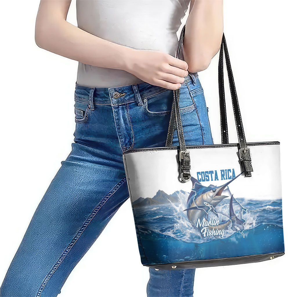 Blue Marlin Fishing Costa Rica Leather Tote Bag Makaira Nigricans Deep Sea Fishing