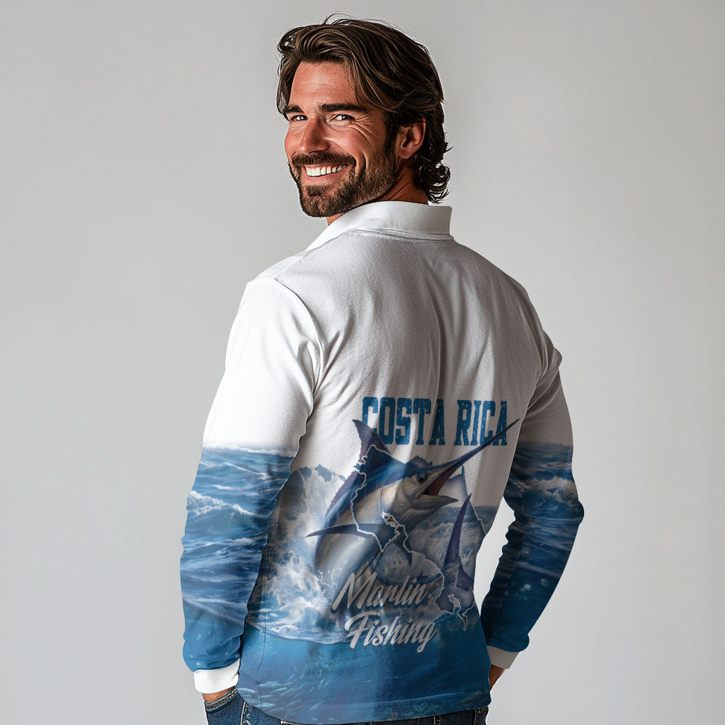 Blue Marlin Fishing Costa Rica Long Sleeve Polo Shirt Makaira Nigricans Deep Sea Fishing