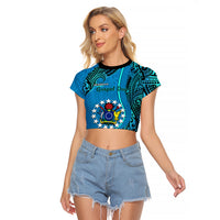 Personalised 13 March Penrhyn Island Gospel Day Raglan Cropped T Shirt Cook Islands Tribal Pattern - Wonder Print Shop