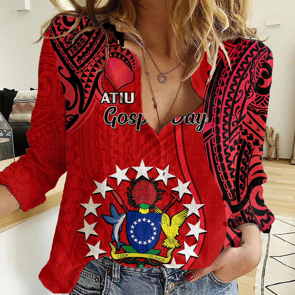 Personalised 20 July Atiu Island Gospel Day Women Casual Shirt Cook Islands Tribal Pattern - Wonder Print Shop