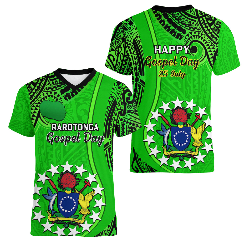 25 July Rarotonga Island Gospel Day Women V Neck T Shirt Cook Islands Tribal Pattern - Wonder Print Shop