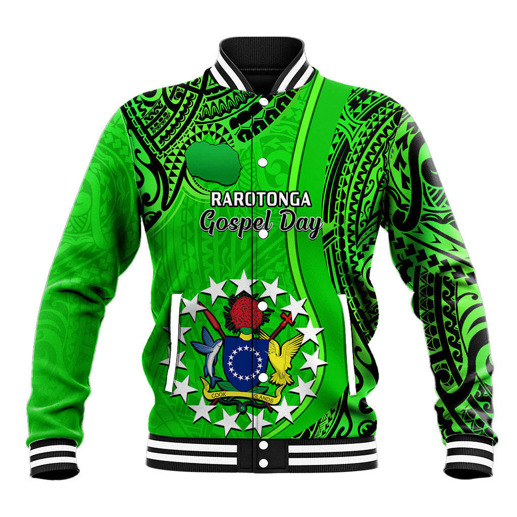 Personalised 25 July Rarotonga Island Gospel Day Baseball Jacket Cook Islands Tribal Pattern - Wonder Print Shop
