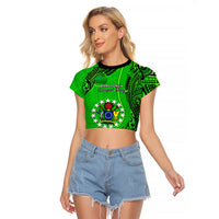 Personalised 25 July Rarotonga Island Gospel Day Raglan Cropped T Shirt Cook Islands Tribal Pattern - Wonder Print Shop