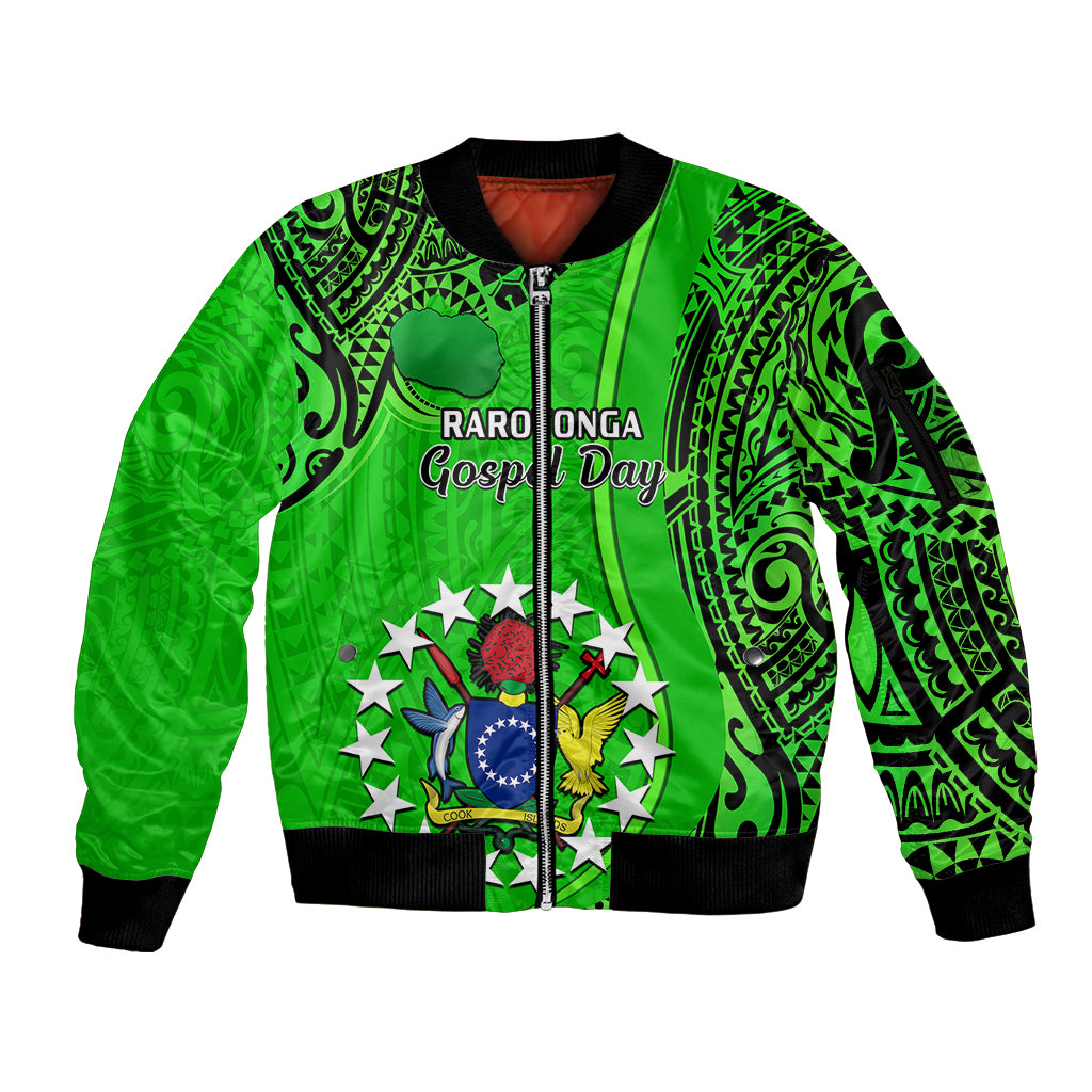 Personalised 25 July Rarotonga Island Gospel Day Sleeve Zip Bomber Jacket Cook Islands Tribal Pattern - Wonder Print Shop