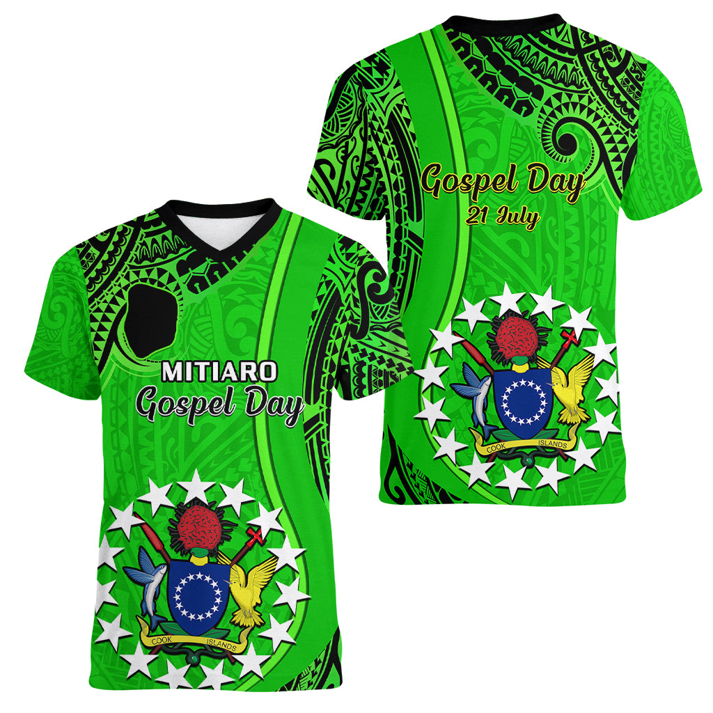 21 July Mitiaro Island Gospel Day Women V Neck T Shirt Cook Islands Tribal Pattern - Wonder Print Shop