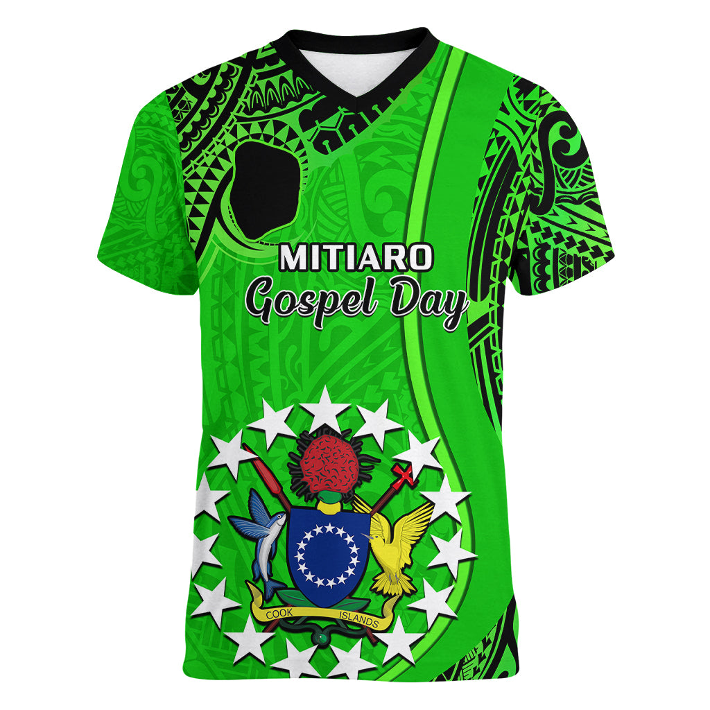 Personalised 21 July Mitiaro Island Gospel Day Women V Neck T Shirt Cook Islands Tribal Pattern - Wonder Print Shop