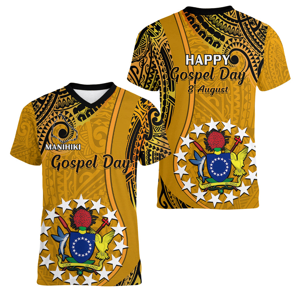 8 August  Manihiki Island Gospel Day Women V Neck T Shirt Cook Islands Tribal Pattern - Wonder Print Shop