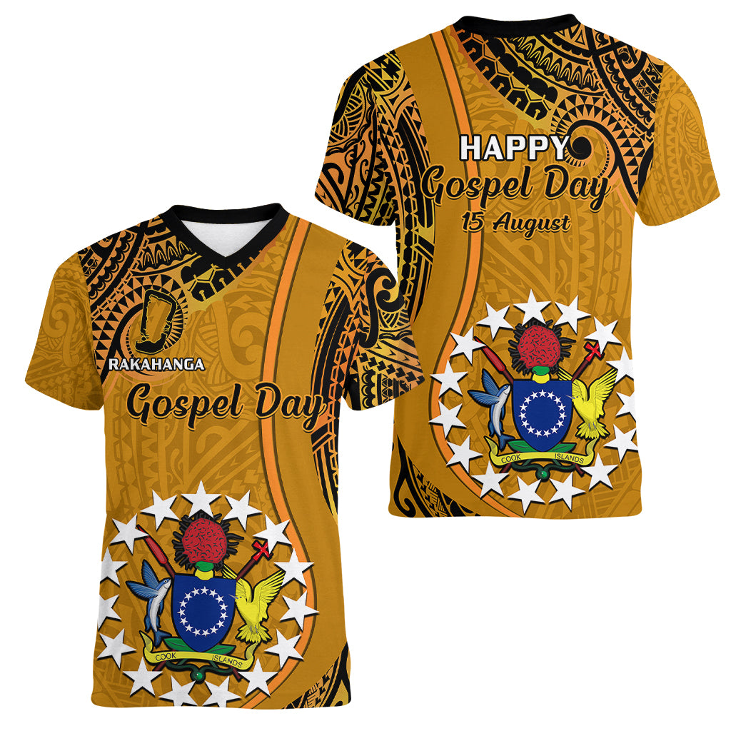 15 August  Rakahanga Island Gospel Day Women V Neck T Shirt Cook Islands Tribal Pattern - Wonder Print Shop