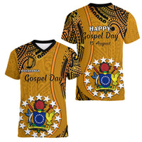 15 August  Rakahanga Island Gospel Day Women V Neck T Shirt Cook Islands Tribal Pattern - Wonder Print Shop