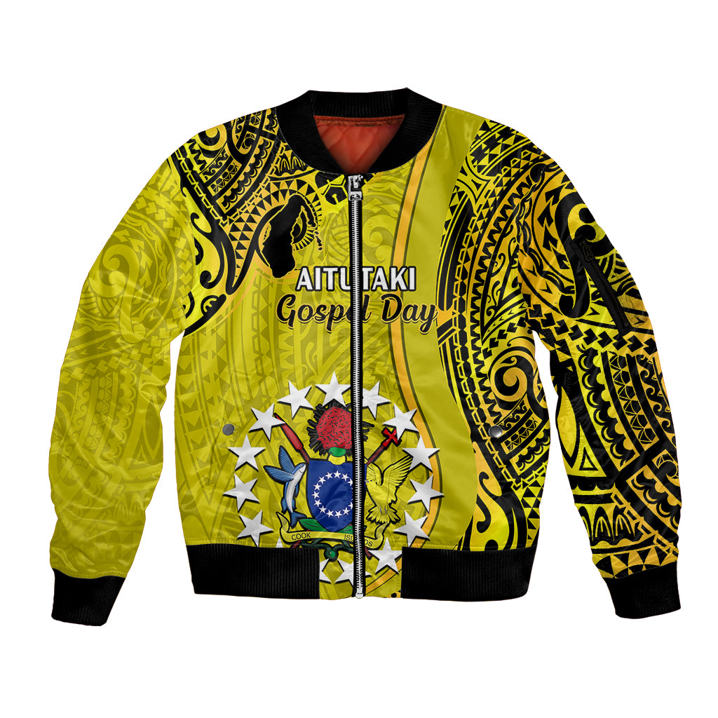 Personalised 27 October Aitutaki Island Gospel Day Sleeve Zip Bomber Jacket Cook Islands Tribal Pattern - Wonder Print Shop