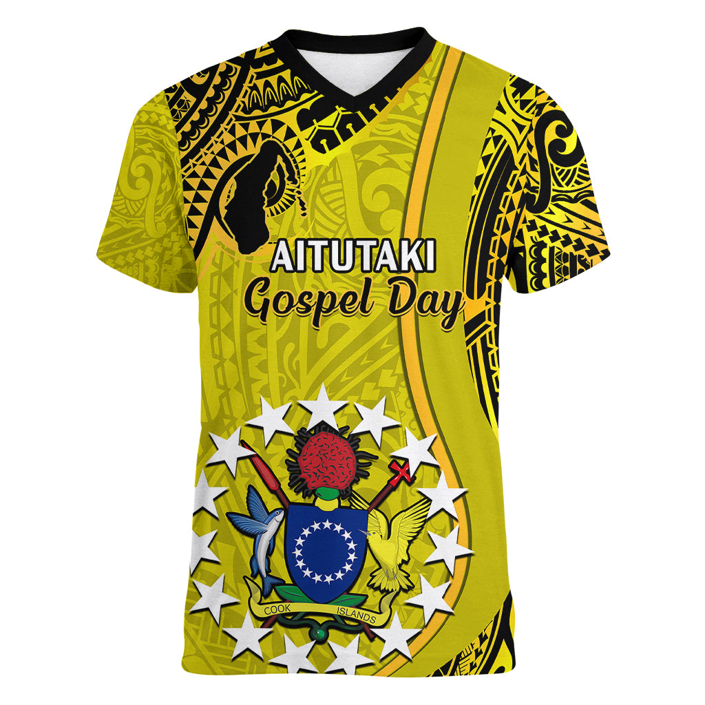Personalised 27 October Aitutaki Island Gospel Day Women V Neck T Shirt Cook Islands Tribal Pattern - Wonder Print Shop