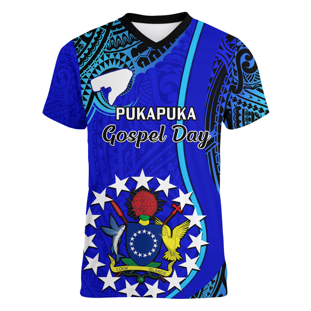 8 December Pukapuka Island Gospel Day Women V Neck T Shirt Cook Islands Tribal Pattern - Wonder Print Shop