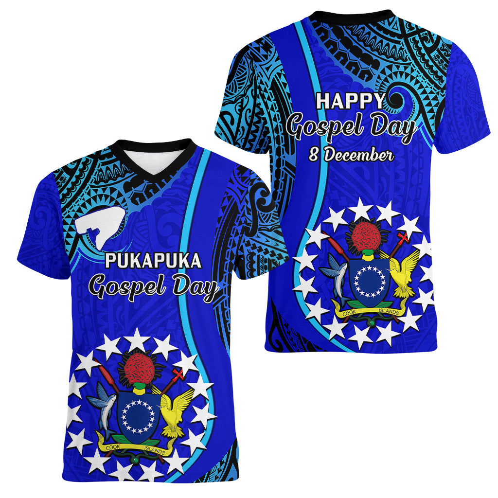8 December Pukapuka Island Gospel Day Women V Neck T Shirt Cook Islands Tribal Pattern - Wonder Print Shop