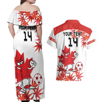 Custom Canada Soccer Couples Matching Off Shoulder Maxi Dress and Hawaiian Shirt Les Rouges Cute Maple Leaf Mascot - Wonder Print Shop
