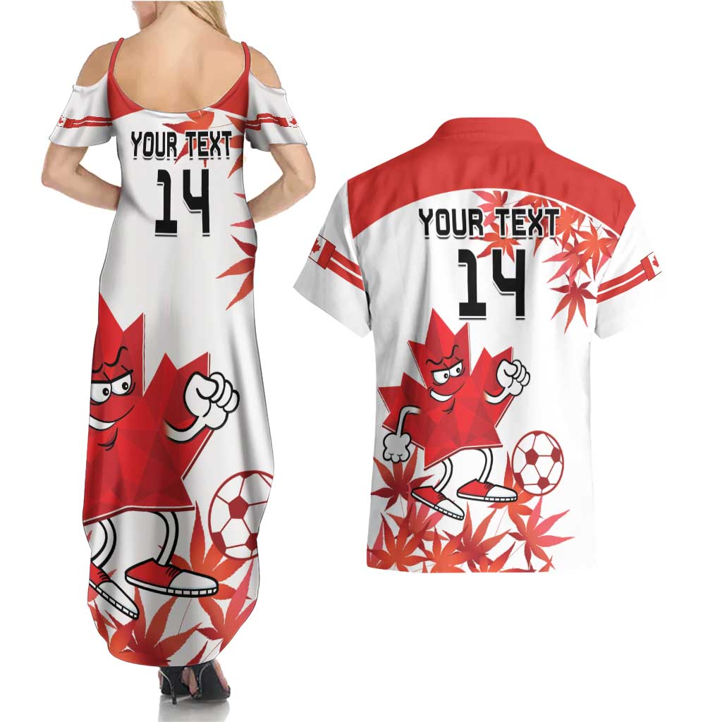 Custom Canada Soccer Couples Matching Summer Maxi Dress and Hawaiian Shirt Les Rouges Cute Maple Leaf Mascot - Wonder Print Shop
