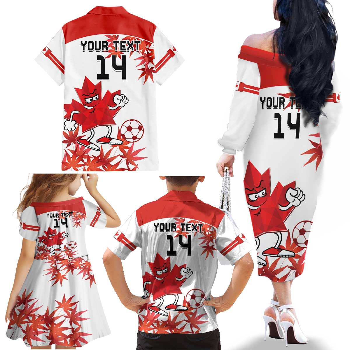 Custom Canada Soccer Family Matching Off The Shoulder Long Sleeve Dress and Hawaiian Shirt Les Rouges Cute Maple Leaf Mascot - Wonder Print Shop