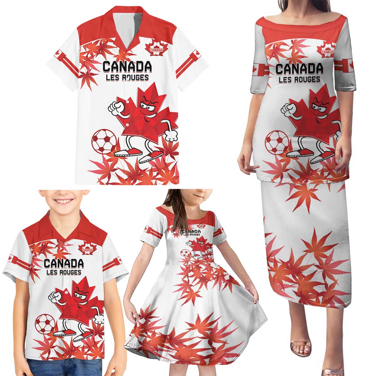 Custom Canada Soccer Family Matching Puletasi and Hawaiian Shirt Les Rouges Cute Maple Leaf Mascot - Wonder Print Shop