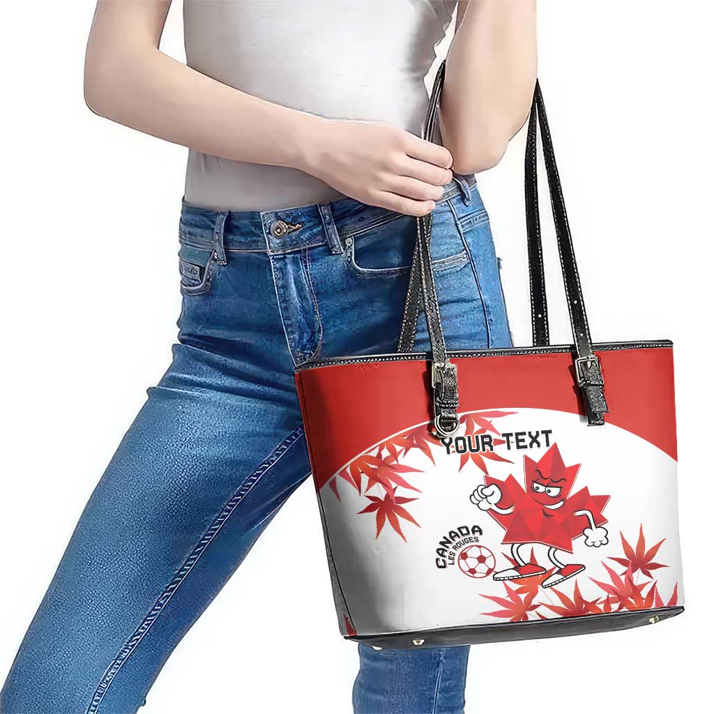 Custom Canada Soccer Leather Tote Bag Les Rouges Cute Maple Leaf Mascot - Wonder Print Shop