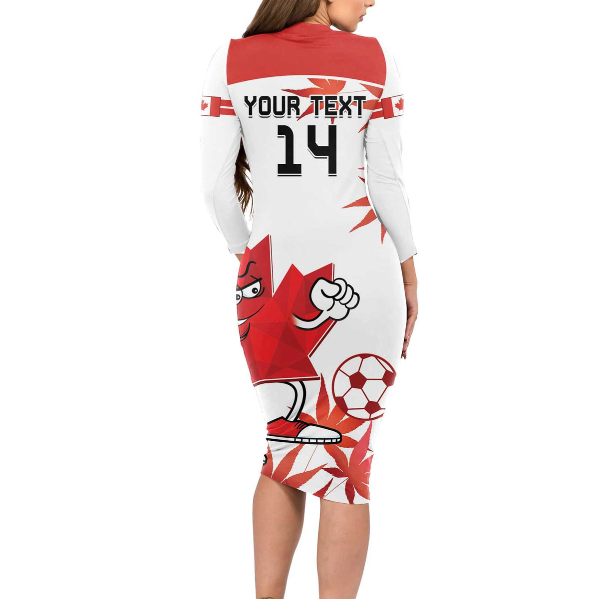 Custom Canada Soccer Long Sleeve Bodycon Dress Les Rouges Cute Maple Leaf Mascot - Wonder Print Shop