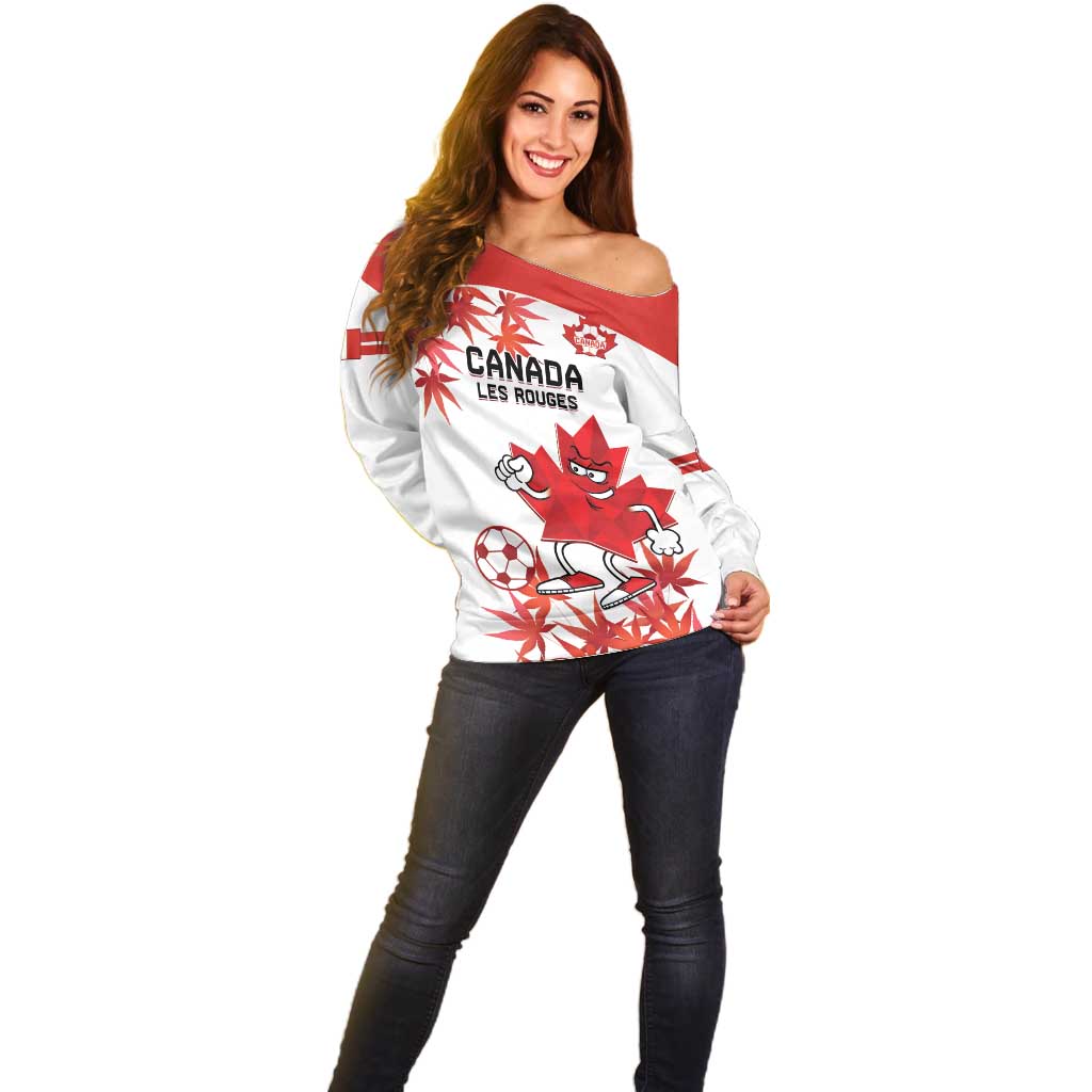 Custom Canada Soccer Off Shoulder Sweater Les Rouges Cute Maple Leaf Mascot - Wonder Print Shop