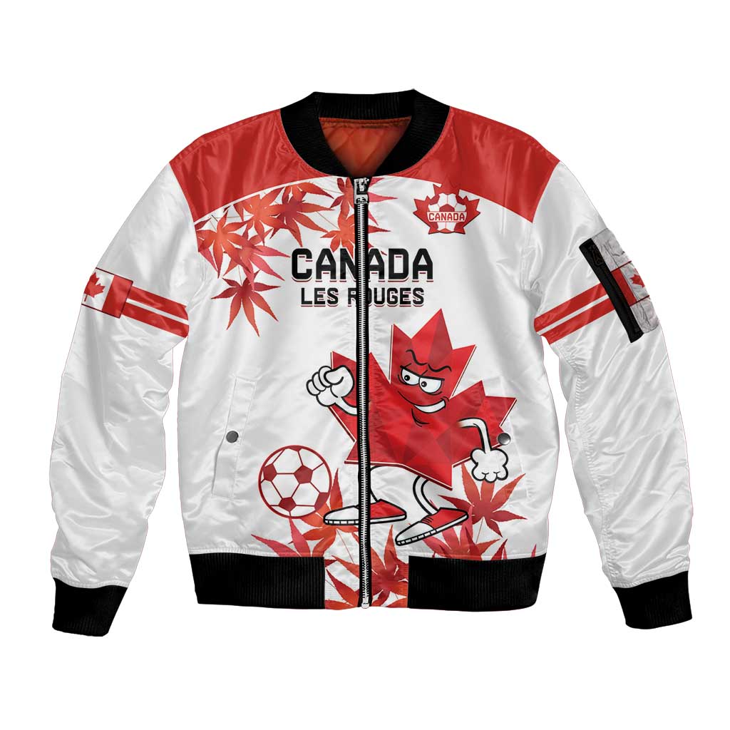 Custom Canada Soccer Sleeve Zip Bomber Jacket Les Rouges Cute Maple Leaf Mascot - Wonder Print Shop