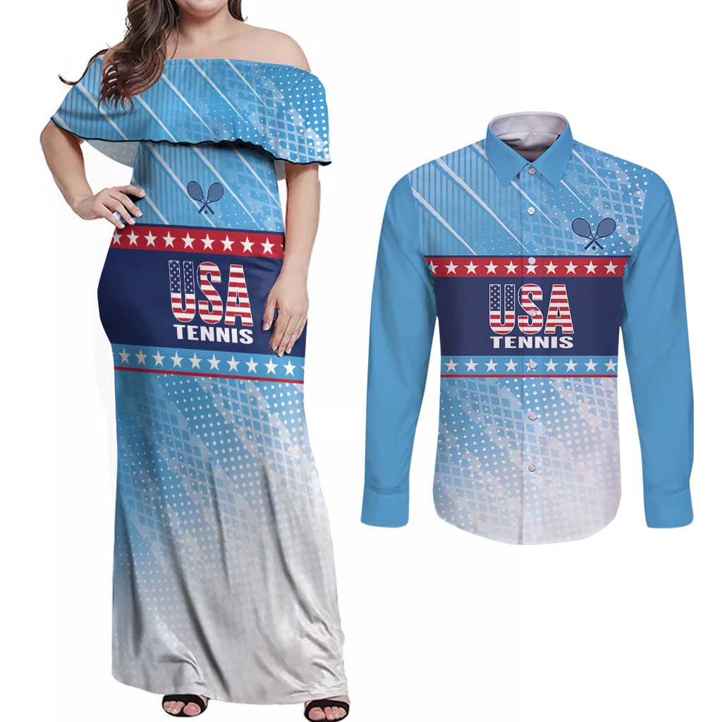 Custom United States Tennis Couples Matching Off Shoulder Maxi Dress and Long Sleeve Button Shirt 2025 Go USA - Wonder Print Shop