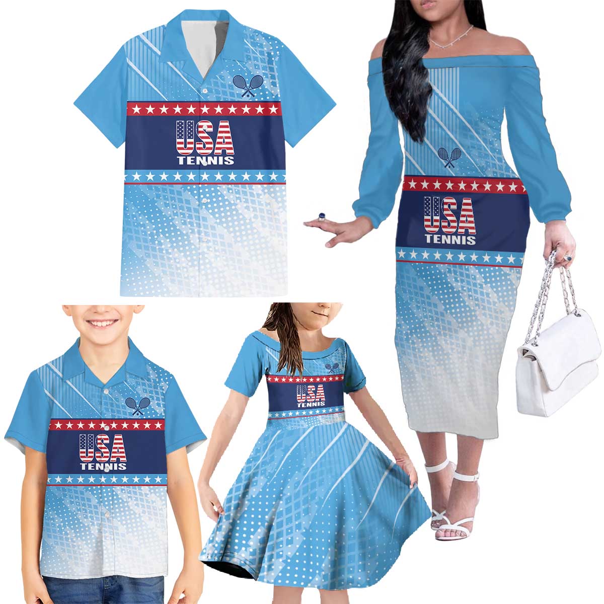 Custom United States Tennis Family Matching Off The Shoulder Long Sleeve Dress and Hawaiian Shirt 2025 Go USA - Wonder Print Shop
