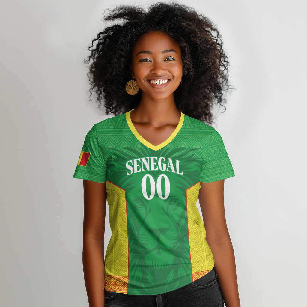 Senegal Basketball 2026 Custom Women V-Neck T-Shirt Come On Lions African Pattern