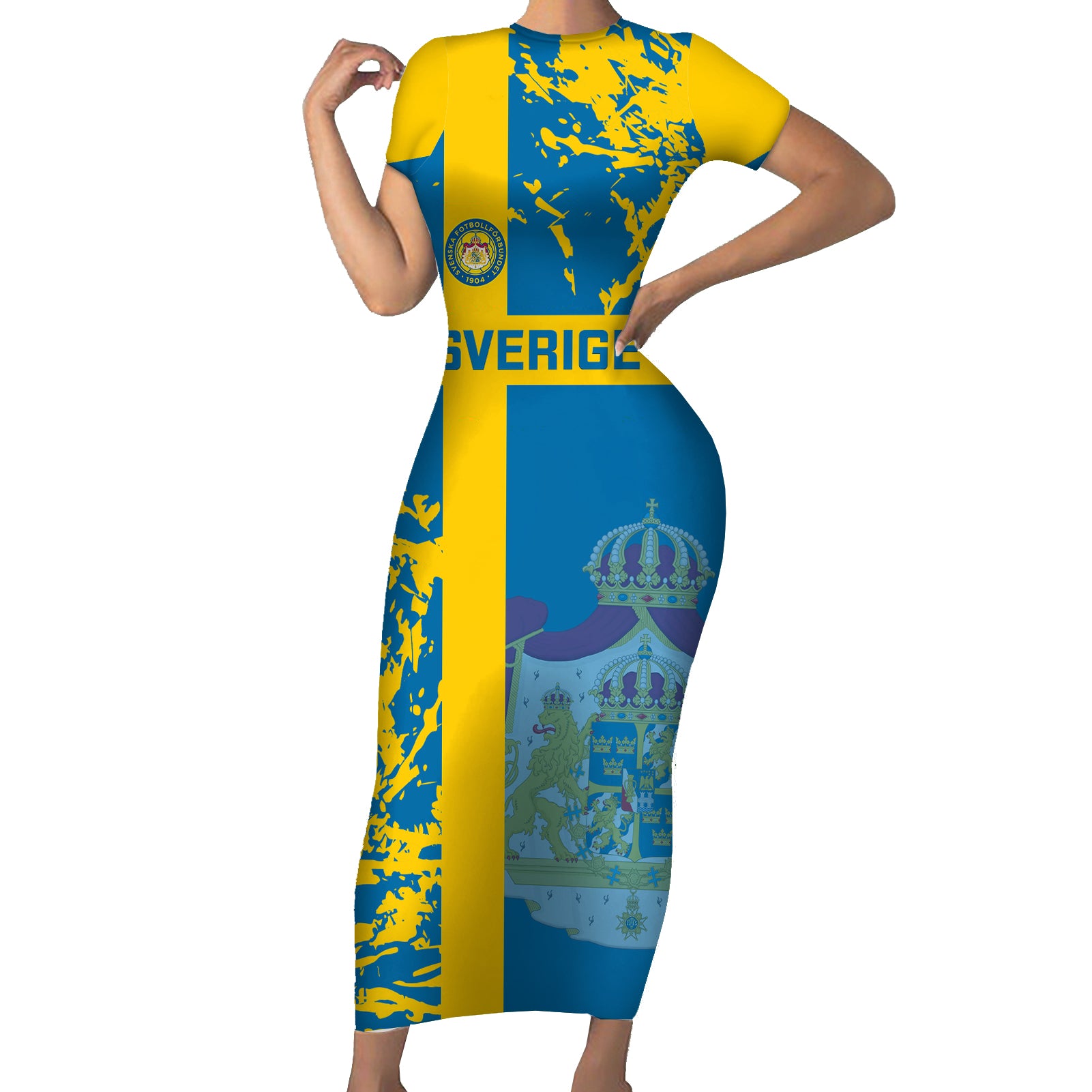 Sweden Football Short Sleeve Bodycon Dress Come On Sverige 2023 World Cup - Wonder Print Shop