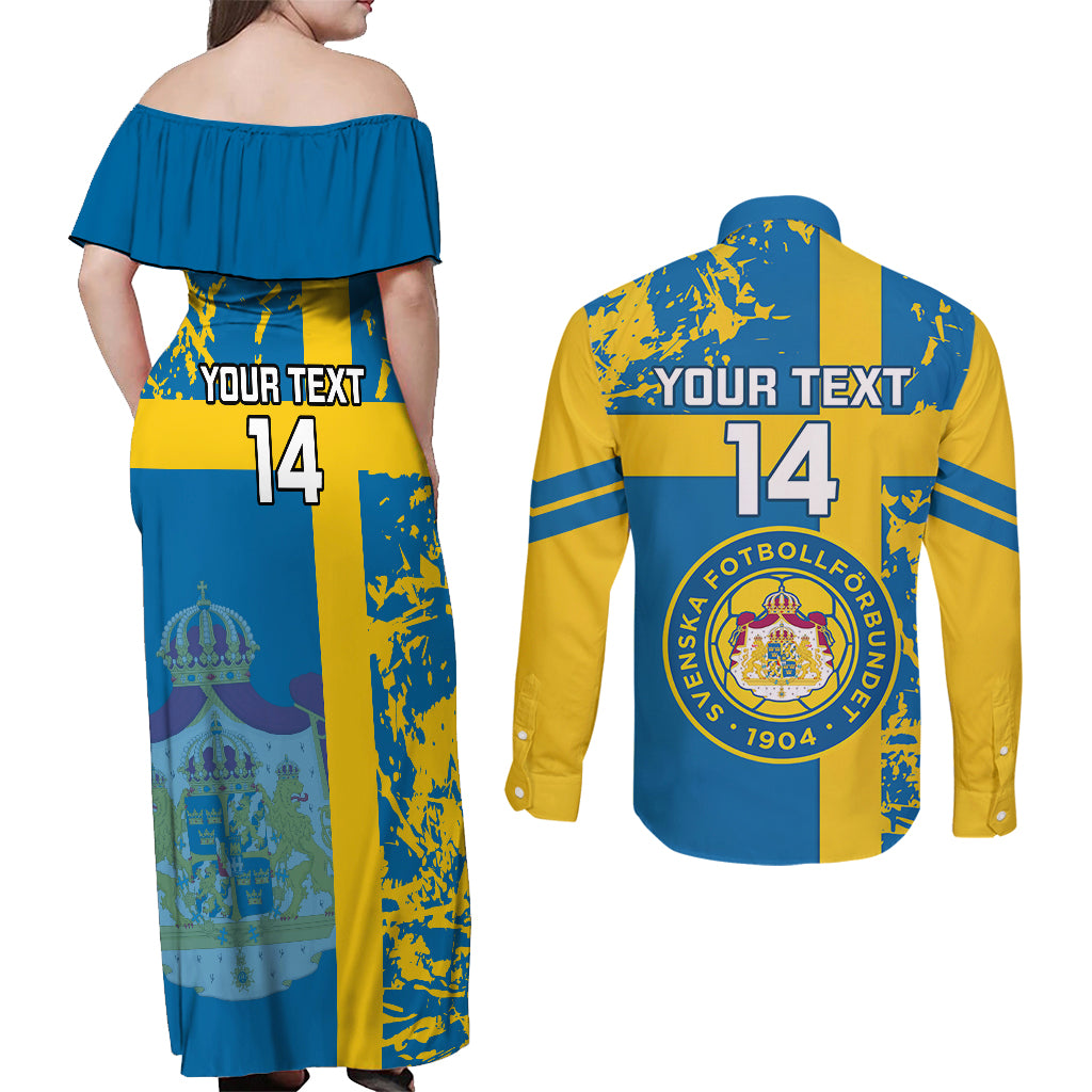 Custom Sweden Football Couples Matching Off Shoulder Maxi Dress and Long Sleeve Button Shirts Come On Sverige 2023 World Cup - Wonder Print Shop