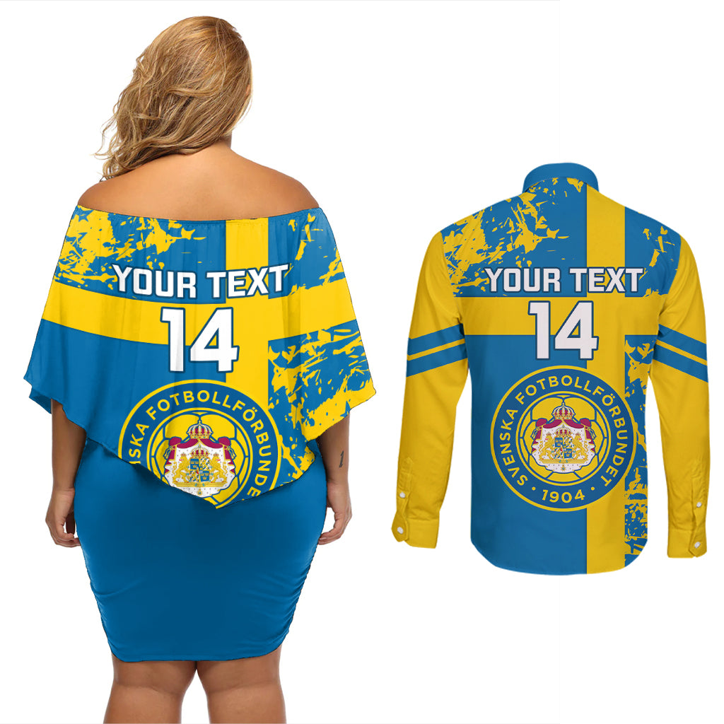 Custom Sweden Football Couples Matching Off Shoulder Short Dress and Long Sleeve Button Shirts Come On Sverige 2023 World Cup - Wonder Print Shop